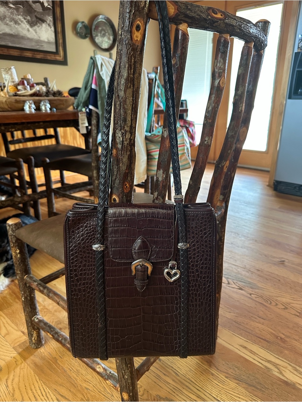 Vintage Brighton Handbag Brown Gator Print Leather with Black Braided Straps